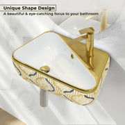 Plantex Ceramic Designer Washbasin for Bathroom/Wall Hung Wash Basin/Rectangle Basin for Home/Office/Hotel (17.5x10.5x5 Inch - White & Gold)