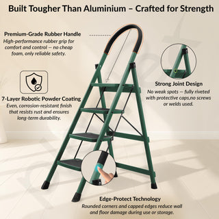Plantex Hercules Pro 4-Step Foldable Ladder for Home with 200 kg Load Capacity/Heavy-Duty GI Steel Ladder/Anti-Slip Wide Step/Strong, Stable & Multi-Purpose (Green)