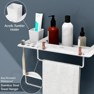 Plantex 5mm Acrylic and ABS Plastic 3 in 1 Multipurpose Bathroom Shelf/Rack/Towel Hanger/Tumbler Holder/Bathroom Accessories (15 x 5 Inches) - Pack of 1