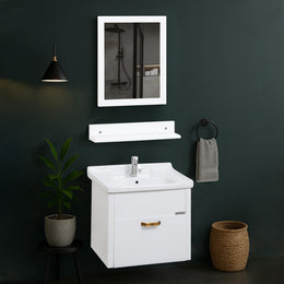 Plantex Unbreakable Wall Mount Vanity Cabinet & Washbasin Set/Washbasin with Cabinet/Basin Cabinet for Bathroom with Mirror & Shelf (White) Glass, Ceramic and HPP
