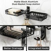Plantex Dual Soap Dish for Bathroom/Aluminium Double Soap Holder with Hook/Soap Stand/Case for Basin/Bathroom Accessories - Pack of 1 (Black)