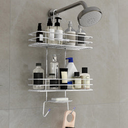 Plantex No Drill Bathroom Organiser/Shower Caddy for Bathroom Hanging/5in1 Stainless Steel Shelf with Soap Holder and Hooks (Big Size-Square Shape-Chrome Finish)