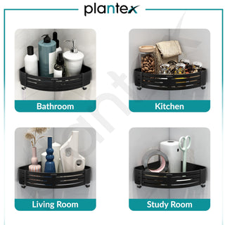 Plantex No Drill Bathroom Corner Shelves/Aluminium Self Adhesive Corner Shelf for Bathroom Wall/Bathroom Shelf Corner with Removable Hooks & Magic Stickers (9x9 inches, Matt Black) - Pack of 2