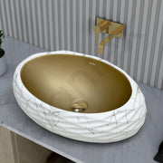 Plantex Table Top Wash Basin For Bathroom/Designer Ceramic Basin/Countertop Vessel Sink Basin - Indo-European Collection (White & Gold - 24 x 16 x 7 Inch)