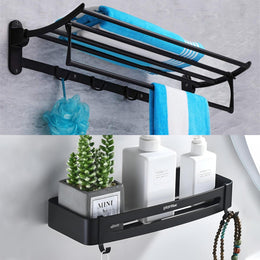 Plantex Stainless Steel Folding Towel Rack with Fix Towel Rod/Towel Hanger with Hook/Aluminium Bathroom Shelf for Wall/Bathroom Accessories – Combo (Black)