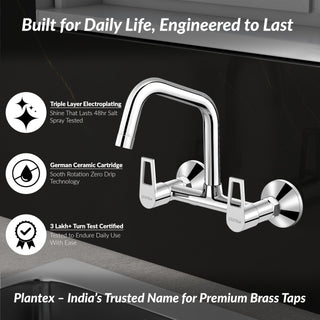Plantex Pure Brass Wall Mount Sink Mixer Tap/Hot & Cold Kitchen Faucet with 360° Swivel Spout/Wall Mounted Water Tap - Pack of 1 (Chrome, 3224)