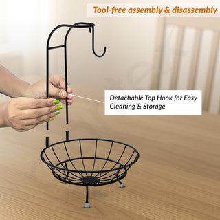 Plantex GI Steel Fruit Bowl with Banana Hanger/Banana Stand For Kitchen/ 2-in-1 Fruit Basket with Banana Hook (Colour- Black)