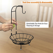 Plantex GI Steel Fruit Bowl with Banana Hanger/Banana Stand For Kitchen/ 2-in-1 Fruit Basket with Banana Hook (Colour- Black)