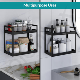 Plantex Deluxe 2 Tier Self Adhesive Bathroom Shelf Rack/Bathroom Organiser Without Drill/Bathroom Shelf Rack/Kitchen Stand Kitchen Multipurpose Shelf(Black, Powder Coated,GI Metal)