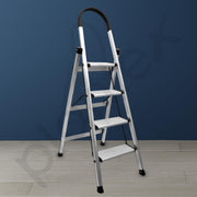 Plantex Surestep 4 Step Aluminum Ladder for Home/Non-Slip Wide-Step Foldable Ladder with Knee Guard, PVC Shoes and Cross Bars (Anodize-Silver)