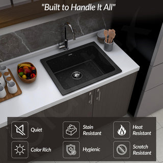 Plantex Quartz Acrylic Kitchen Sink With 10 Years Warranty/Undermount Sink For Kitchen/Metalic Single Bowl Kitchen Sinks With Coupling (Siapan-24X18 Inches), ?Metallic, Black