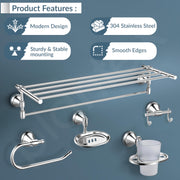 Plantex 304 Grade Stainless Steel Bathroom Accessories Set of 5 - Towel Stand/Napking Ring/Soap Holder/Toothbrush Stand/Robe Hanger - Niko (Chrome)