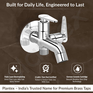 Plantex Pure Brass Two Way Bib Cock Taps Compatible for Washing Machine with Water Saving Nozzle Attachment/2 in 1 Bib Tap with Brass Wall Flange and Teflon Tape-(LEA-707-Chrome)