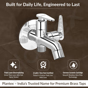 Plantex Pure Brass Two Way Bib Cock Taps Compatible for Washing Machine with Water Saving Nozzle Attachment/2 in 1 Bib Tap with Brass Wall Flange and Teflon Tape-(LEA-707-Chrome)
