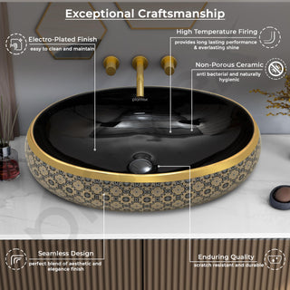 Plantex Tabletop Wash Basin for Bathroom/Designer Ceramic Basin/Countertop Vessel Sink Basin for Home/Hotel - (16019, Black & Gold)