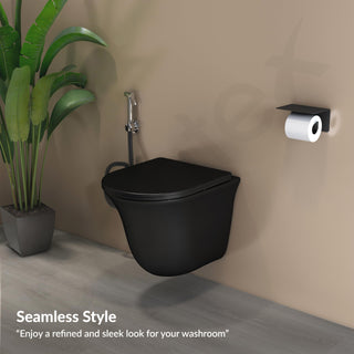 Plantex Ceramic Rimless Commode for Toilet/Western Commode/Wall Hung Commode with Soft Closing Toilet Seat - P Trap (Matt Black)