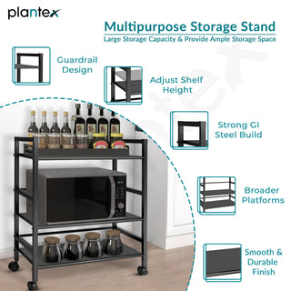 Plantex 3 Tier Premium Metal Rolling Trolley Cart Stand with Wheels/Oven Stand/Multifunctional Utility Stand with Storage Rack Shelves/Height Adjustable Shelf/Space Saving Stand for Home/Office(Black)