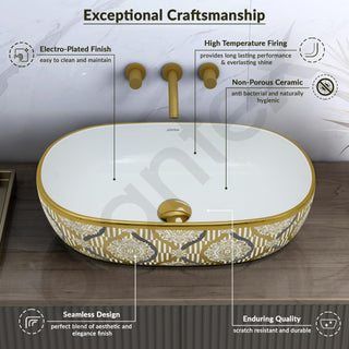 Plantex Tabletop Washbasin for Bathroom/Designer Ceramic Hand Wash Basin/Vessel Sink Basin for Home/Hotel - (23x16x5.5 inch - White & Gold)