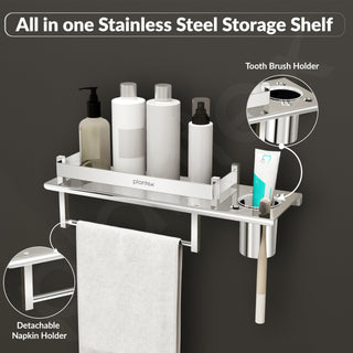 Plantex Stainless Steel Bathroom Shelf/Multipurpose Bathroom Shelf for Wall/Attached Tumbler and Napkin Holder for WashBasin(15 Inches)