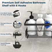 Plantex Bathroom Shelf for Wall Adhesive/GI Steel Bathroom Soap Stand with Side Hooks & Magic Sticker/Bathroom Organiser Without Drill (Black, Powder Coated)