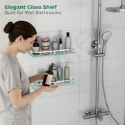 Plantex Glass Shelves for Bathroom/Frosted Bathroom Glass Wall Shelf with Brass Railings and Brackets- Pack of 2 (15 x 6 Inch, Chrome)