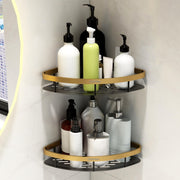 Plantex Corner Shelf for Bathroom Wall Mount/Aluminium Kitchen Corner Stand for Wall with Golden Railing & Magic Stickers/Bathroom Accessories Self Adhesive (9x9 inches, Gold & Black) - Pack of 2