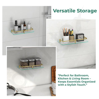 Plantex Premium Frosted Glass Shelf for Bathroom/Kitchen/Living Room with Brass Railings and Brackets - Bathroom Accessories/Glass Shelf for Living Room -(Brass Antique 12x6 - Pack of 1)
