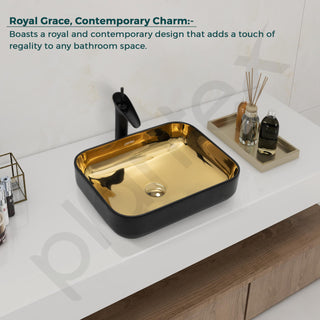 Plantex Designer Wash Basin for Bathroom/Table Top Hand Wash Sink/Counter Top Basin for Home/Ofice (19.5x15.5x5.5 Inch - Black & Golden)