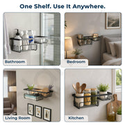 Plantex Shelf with Soap Dish for Bathroom/GI Steel Self Adhesive Bathroom Organizer/Soap Holder with Hook/Bathroom Accessories - Pack of 2 (Black)