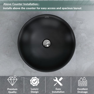 Plantex Premium Ceramic Tabletop Round Wash Basin/Countertop Bathroom Sink (Black, 15.5 x 15.5 x 5 Inch) 40 x 40 x 13 cm
