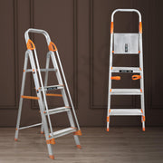 Plantex Secura 4 Step Ladder for Home/Aluminium Foldable Ladder with Safe Hand Rail (Orange-Silver)