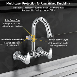 Plantex Pure Brass Sink Mixer Tap/Wall Mount Hot and Cold Tap for Bathroom/Double Handle Water Taps for Bathroom Basin with Brass Wall Flange & Teflon Tape (PAC-1814, Chrome)