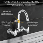 Plantex Pure Brass Sink Mixer Tap/Wall Mount Hot and Cold Tap for Bathroom/Double Handle Water Taps for Bathroom Basin with Brass Wall Flange & Teflon Tape (PAC-1814, Chrome)