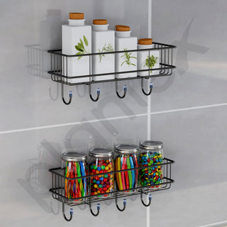 Plantex Bathroom Organizer Without Drill/GI Steel Self Adhesive Bathroom Shelf for Wall with Magic Stickers/Adhesive Shelf for Kitchen with Hooks & Magic Sticker - GI Steel (Pack of 2)