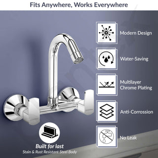 Plantex Sink Mixer Tap for Kitchen with 360° Swivel Spout/Hot and Cold Water Tap with Wall Flange and Teflon Tape/Brass Spindle Sink Tap (Saga-Chrome)