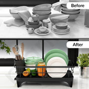 Plantex Stainless Steel Dish Drying Rack/Vessel Drainer Basket with Tray/Smart Drainage Drainboard with Detachable Cutlery Holder/Utensils Drying Rack for Kitchen- (43 X 32 X 12 cm, Black)