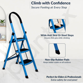 Plantex Premium 3 Steps Steel Ladder | Wide Anti-Skid Step Ladder | Easy to Fold | 5 Year Manufacturer Warranty(3-Step,Blue & Black)