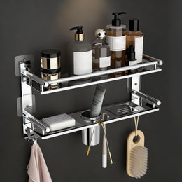 Plantex Bathroom Organiser Without Drill/Stainless Steel Bathroom Accessories Set with Soap Dish and Brush Holder/Hooks/Tumbler Holder/Bathroom Stand for Wall (2-Tier, Chrome)