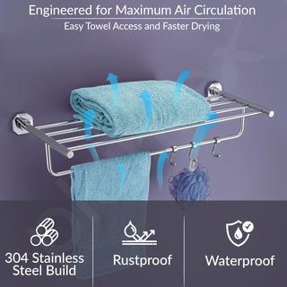 Plantex 304 Grade Stainless Steel Towel Rack with Hooks/Bathroom Towel Rod/Towel Hanger/Bathroom Accessories - Nipron (24-inch) Chrome
