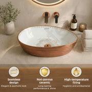 Plantex Designer Ceramic Basin/Table Top Wash Basin for Bathroom/Countertop Vessel Sink Basin for Home/Office/Restaurant (White & Rose Gold, 22 x 14 x 7 Inch )