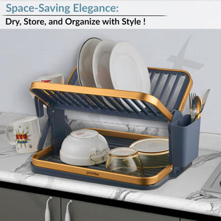 Plantex Kitchen Storage Rack/Aluminium Fold Flat Dish Drying Rack/2-Tier with Drainboard/Kitchen Organiser Rack - (Gold & Grey)