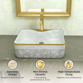 Plantex Ceramic Hand Wash Basin for Bathroom/Countertop Wash Basin/Rectangle Tabletop Basin for Home Restaurant/Hotel (19x15x5.5 Inch - White & Gold)
