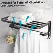 Plantex Stainless Steel Folding Towel Rack/Aluminium Bathroom Shelf/24 Inch Towel Hanger/12 x 5 Inch Multipurpose Shelf - Combo (Black)