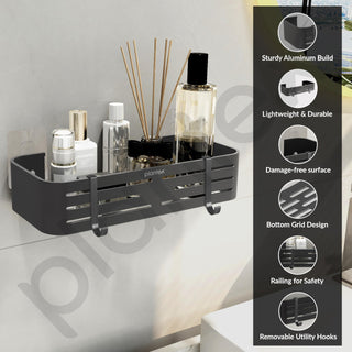 Plantex Aluminium Bathroom Shelf for Wall/Self Adhesive Kitchen Stand with Removable Hooks & Magic Stickers/Bathroom Fittings Accessories Set (12x5 inches, Matt Grey) - Pack of 2