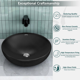 Plantex Premium Ceramic Tabletop Round Wash Basin/Countertop Bathroom Sink (Black, 15.5 x 15.5 x 5 Inch) 40 x 40 x 13 cm