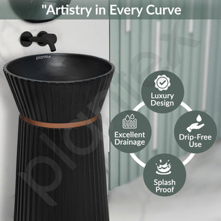 Plantex Round Pedestal Basin for Bathroom/Ceramic Designer One Piece Pedestal Free Standing Wash Basin for living Room/Hotel (Black-17x17x33.5 inch)