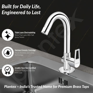 Plantex Pure Brass High Neck Pillar Cock Water Tap with Teflon Tape/360 Degree Swivel Spout/Single Lever Tabletop Basin Sink Cock (3203, Chrome)