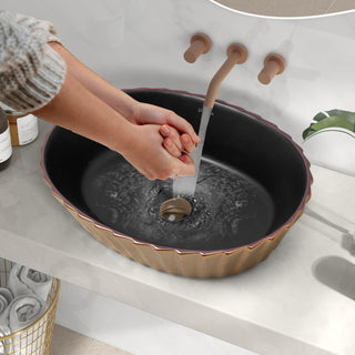Plantex Designer Basin for Bathroom/Oval Table Top WashBasin/Countertop Hand Wash Basin/Vessel Sink for Restaurant/Hotel (19x15x5 Inch - Gold & Black)