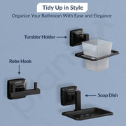 Plantex 304 Grade Stainless Steel Bathroom Accessories Set of 5 - Towel Stand/Napking Holder/Soap Holder/Toothbrush Stand/Robe Hanger - Squaro (Black)