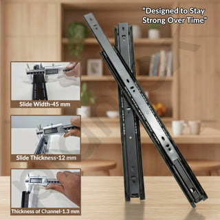 Plantex Drawer Channel/Regular Smooth & Quiet Close Ball Bearing Slider Drawer Channel for Home, Kitchen & Wardrobe/Telescopic Channel for Drawer/for Wooden & Metals Drawers (18-Inch,Black) Pair